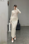 SWAYING/KNIT patchwork striped long skirt SW23AW3B09 white